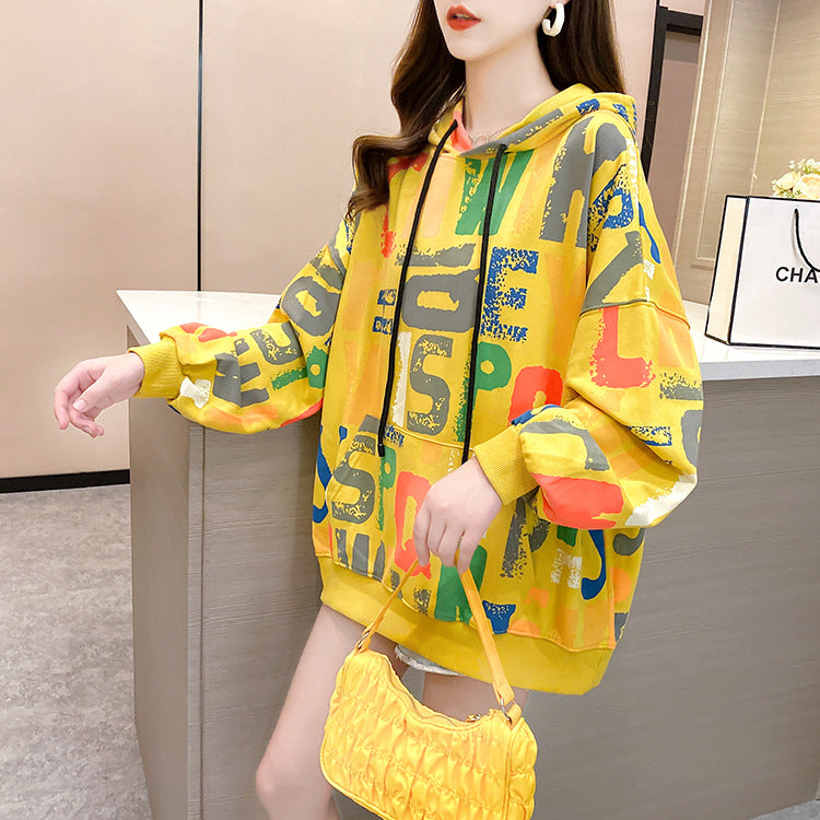 2021 autumn new Korean version of the loose large size women's wild design sensation small round collar letter print sweater female