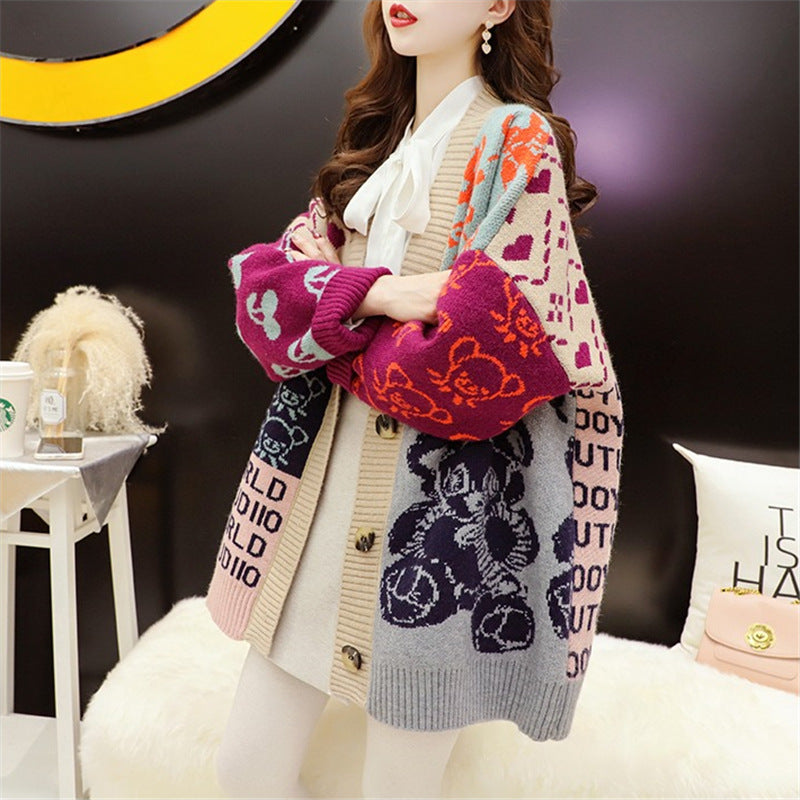 Retro letter jacquard loose lazy sweater out of the 2021 autumn and winter new wild knitting cardigan women's clothing