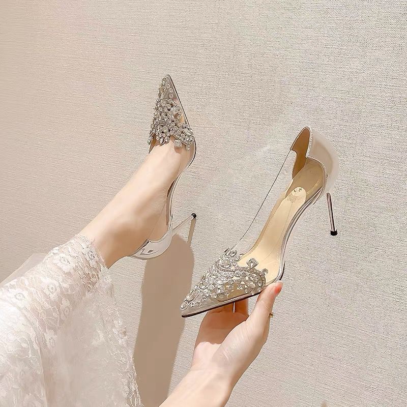 Light single shoes women's new Korean version PVC transparent high heel, stiletto pointed toe rhinestone champagne color bridesmaid dress women's wedding shoes