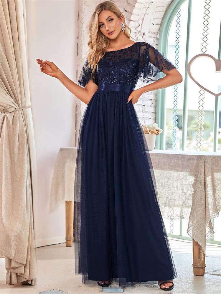 2023 quality spring and autumn European and American cross-border elastic waist splicing round neck party big A swing mesh evening dress for women