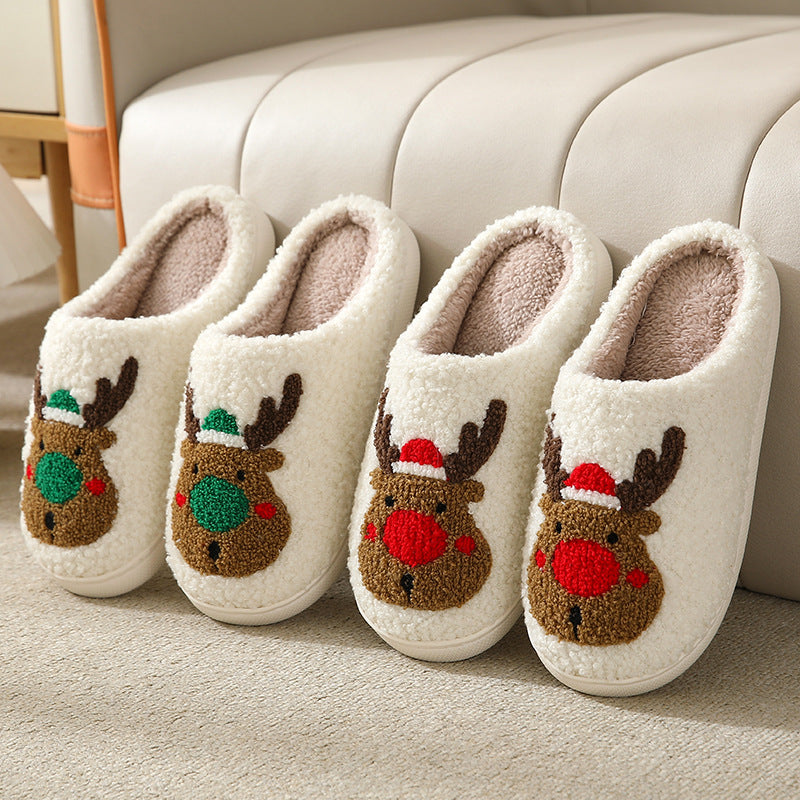 Christmas Reindeer Cotton Slippers for Couples - Cute Cartoon Design, Non-Slip, and Warm for Autumn and Winter