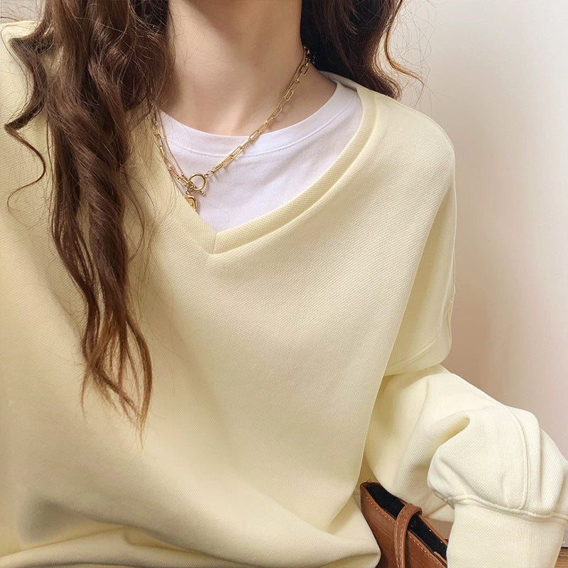 Long-sleeved sweater female V-collar size loose Korean version of the new 2021 autumn and winter solid color long sleeve long section