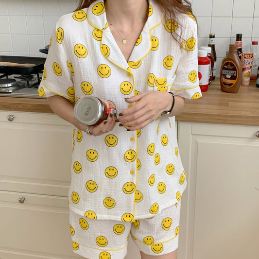 Spring and summer ins cartoon cute smiley cotton yarn pajamas female Korean version short-sleeved loose and comfortable home clothes suit thin