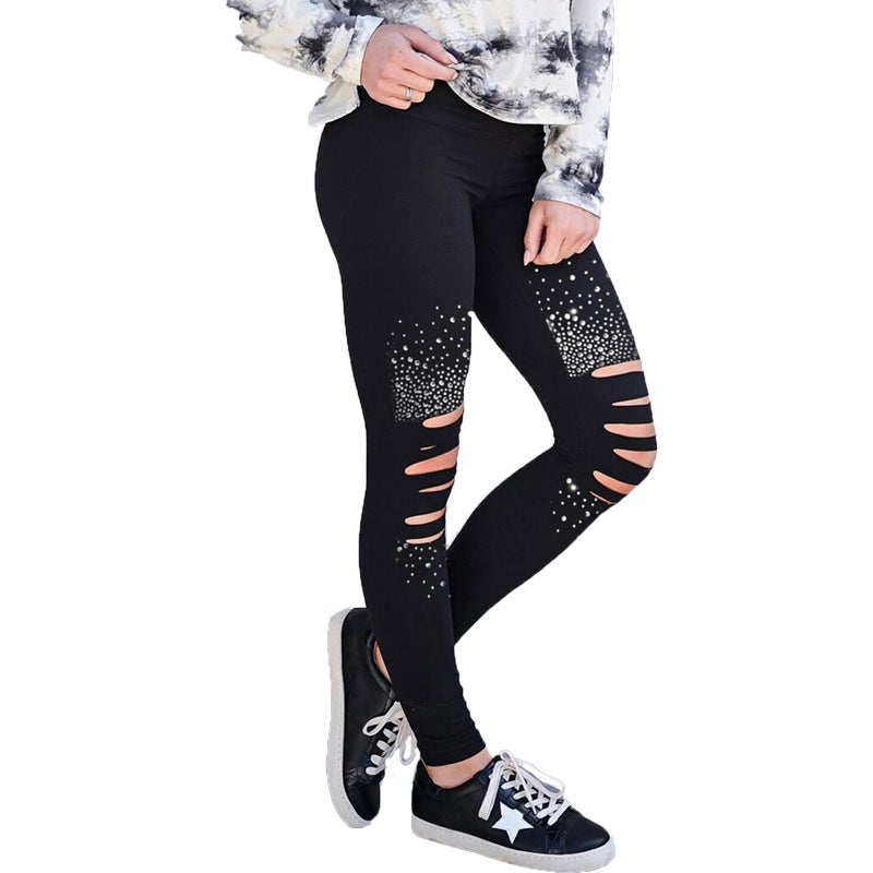 Spring and Autumn New Black Leggings Women's High Waist Hole Diamond Decoration Waist Casual Pants Women