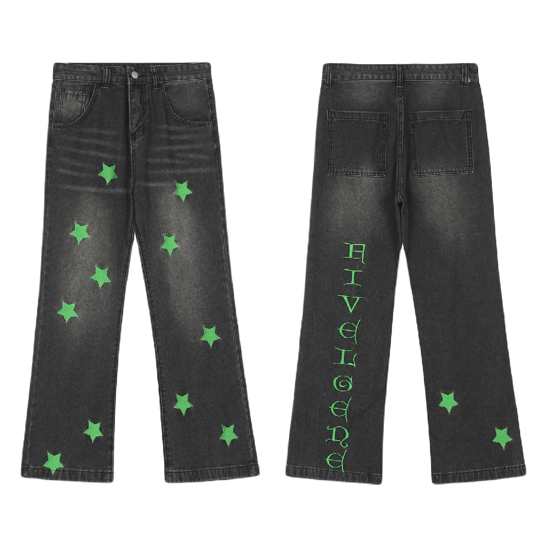 Jeans black with green print