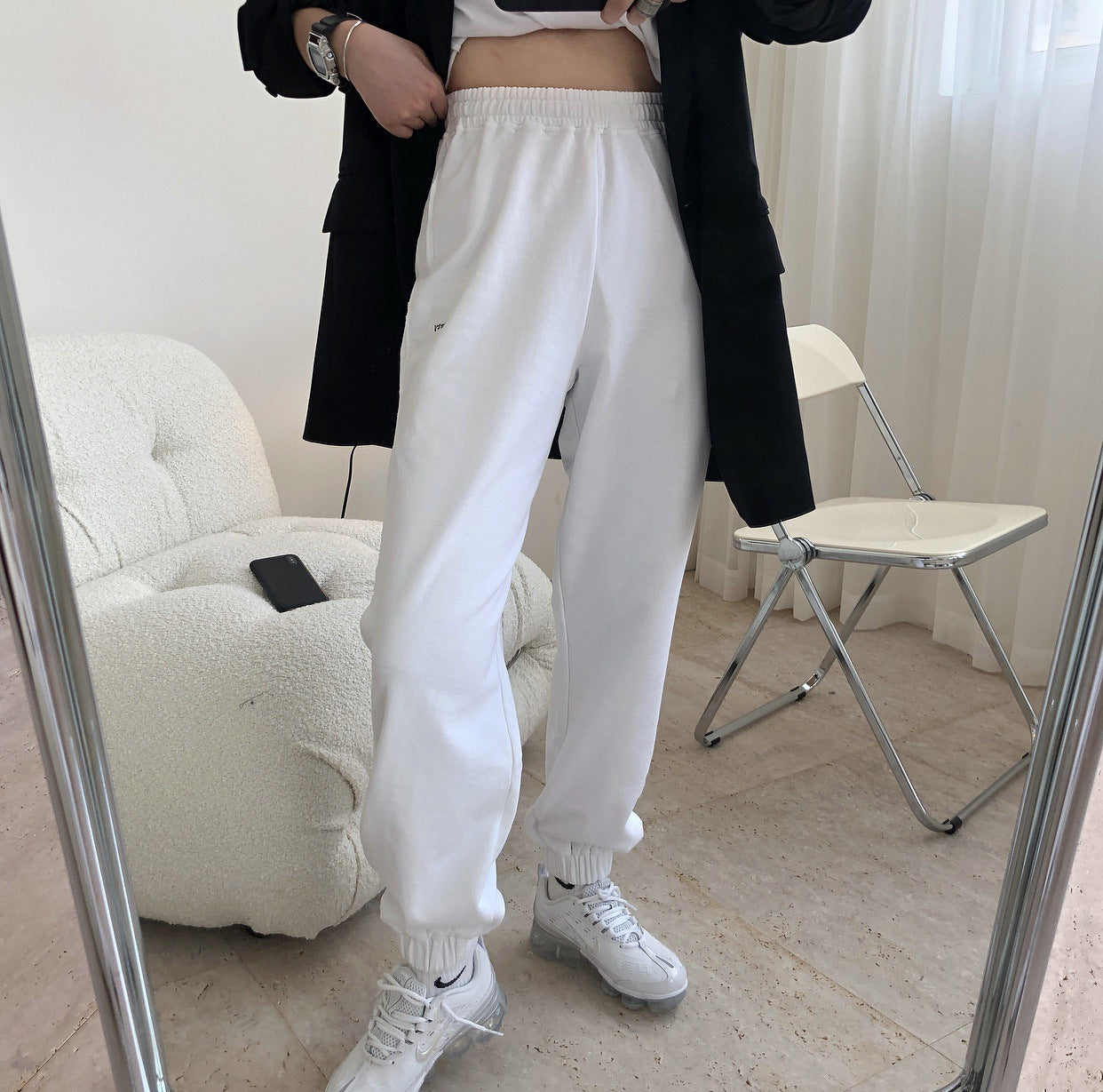 Spring new European and American sports hairdressing letters in the bouquet feet is loose slimming striped rope tight waist casual trousers female