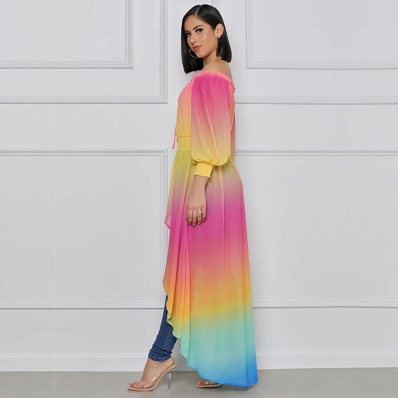 234 Gradient Dress Autumn Chiffon French Long Dress Ruffle Strapless Waist Long Sleeve Fairy Dress Temperament