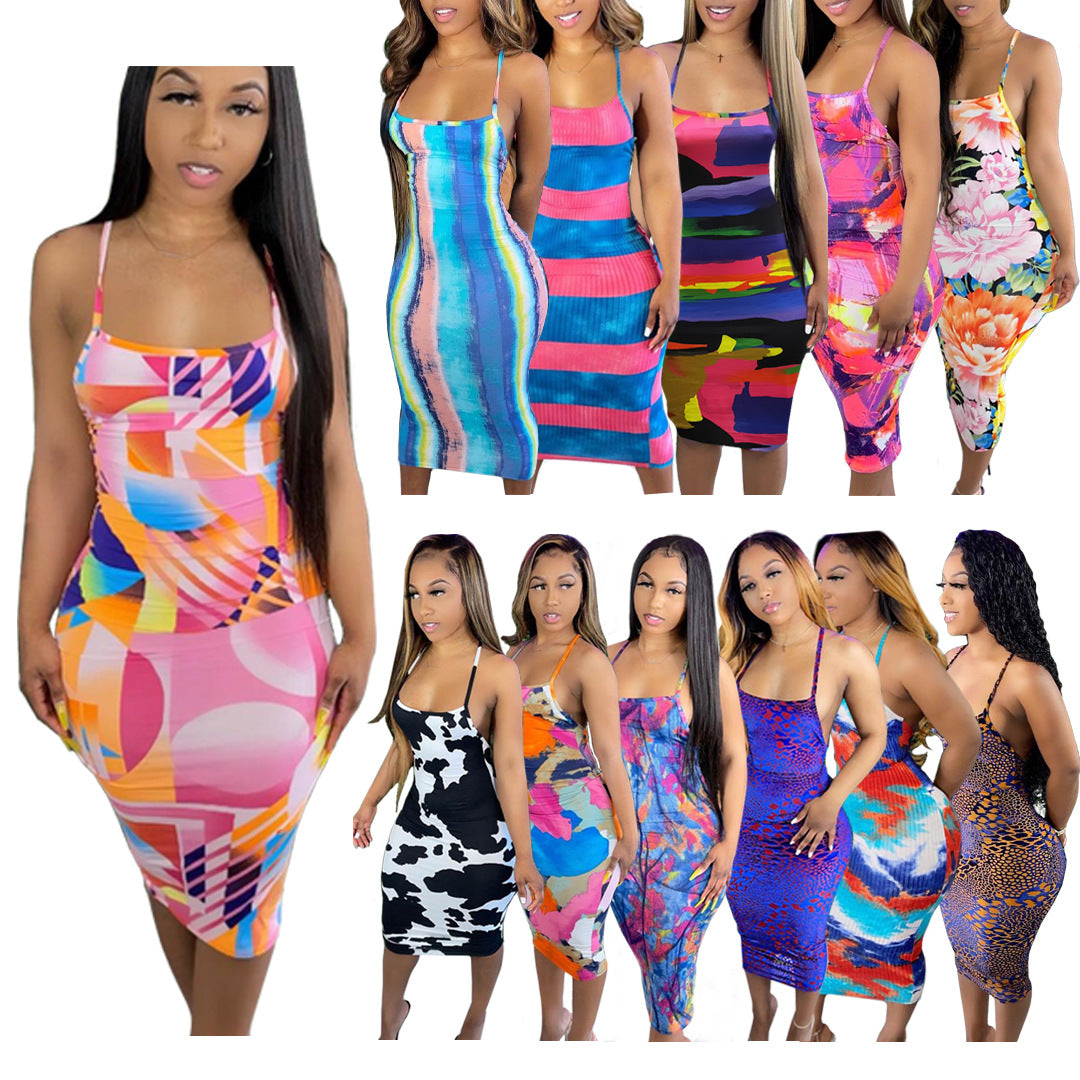 H1638 European and American Amazon hot sale women's spring and summer new style printing plus size women's sexy dress