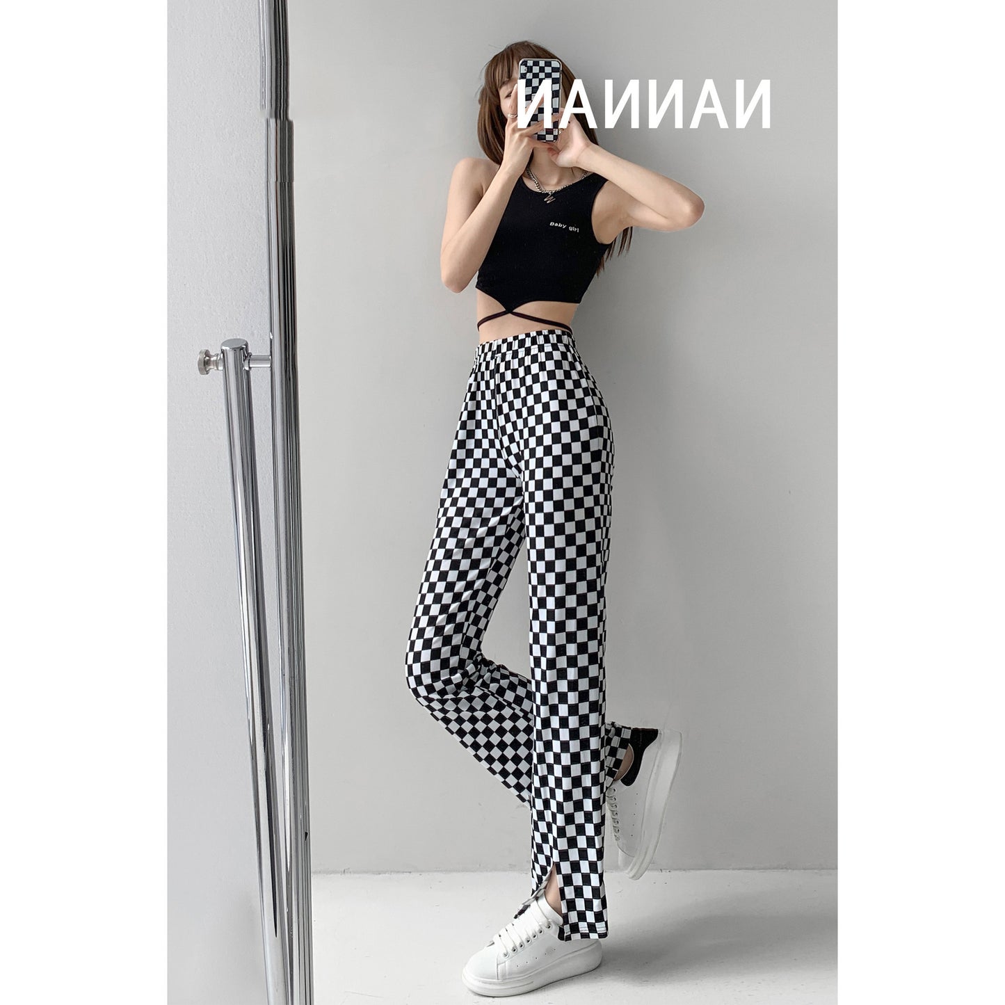 Style hot girl plaid lace-up pants loose casual drape wide-footed black and white checkerboard split trousers