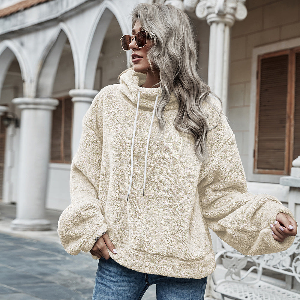 Cross-border source of 2021 autumn and winter new European and American women's hooded pure color plush loose sweater sweater blouse