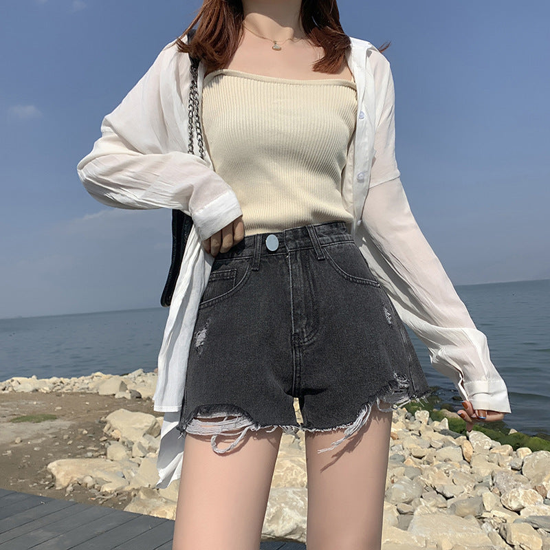 Denim shorts female 2021 summer Korean version of the new high waist slimming high loose hole wool wrapping pants tide