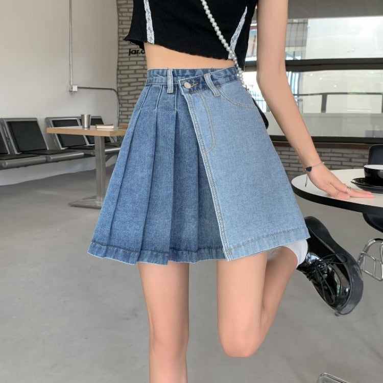 Hot girl denim half-length skirt female summer 21 new American retro pleated skirt design splicing high waist A word skirt