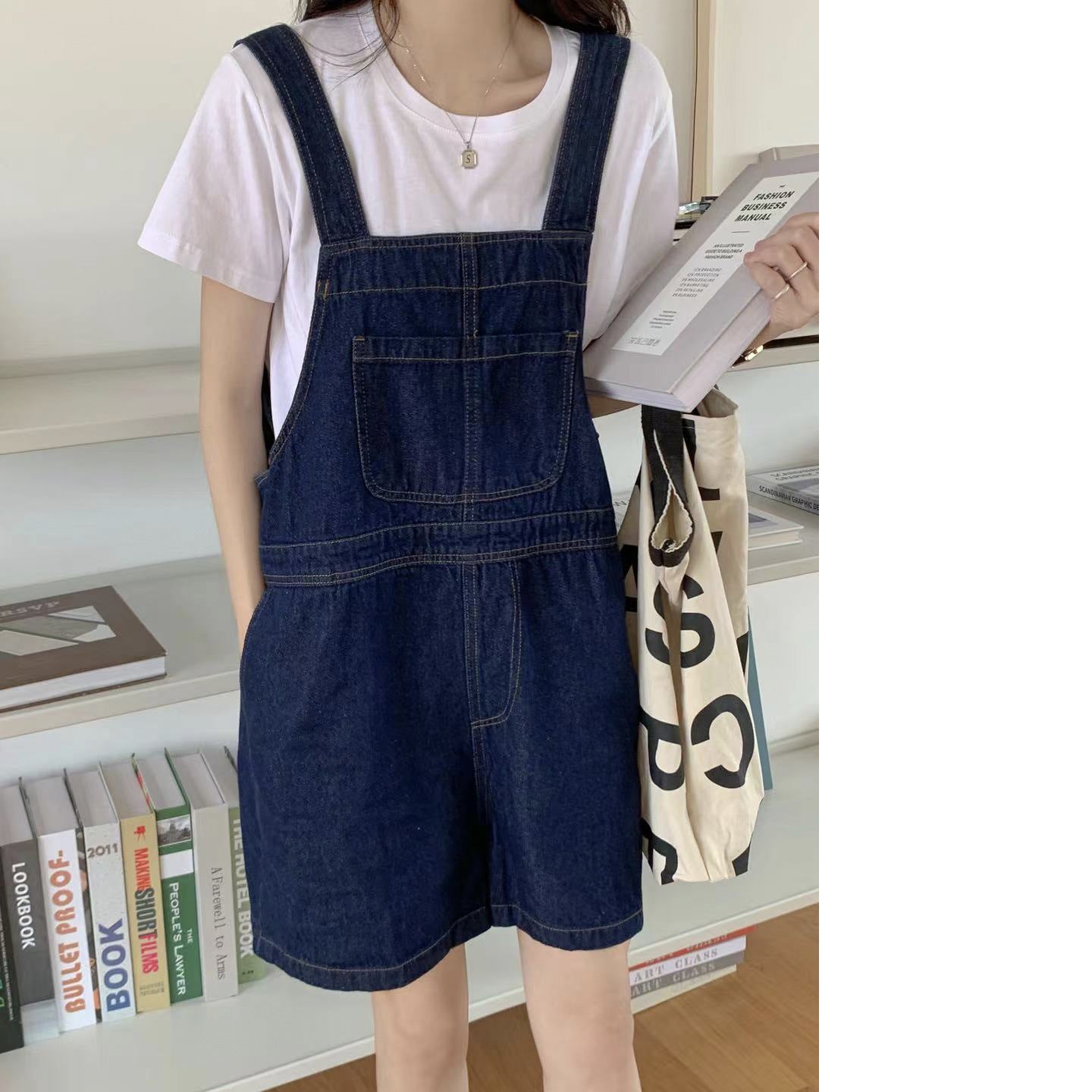 Summer new Korean version of simple dark blue loose wide leg women's denim straps short pants tide