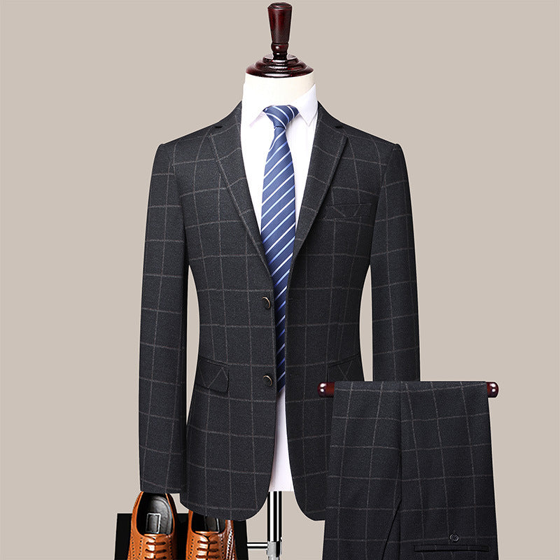 Men's business casual dress plaid jacquard knit stretch suits two sets of job install speed sales