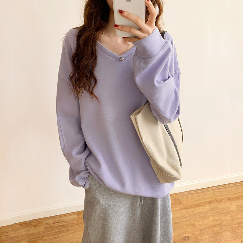 Long-sleeved sweater female V-collar size loose Korean version of the new 2021 autumn and winter solid color long sleeve long section