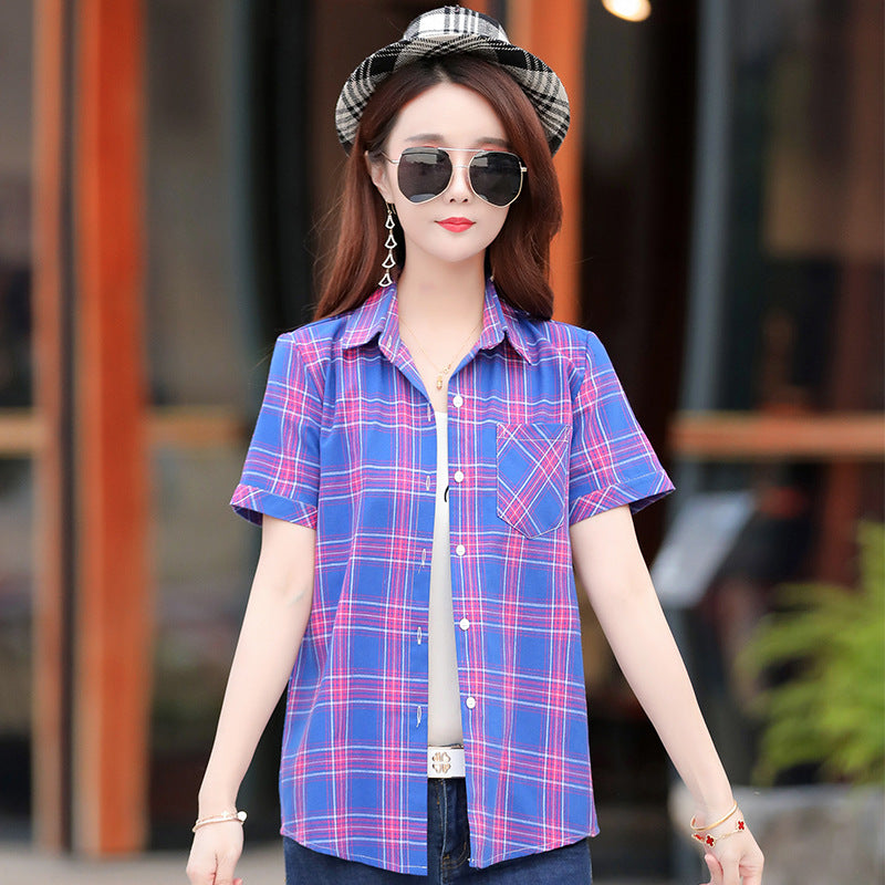 Summer new women's thin short-sleeved plaid shirt fashion slim trend women's half-sleeve jacket female