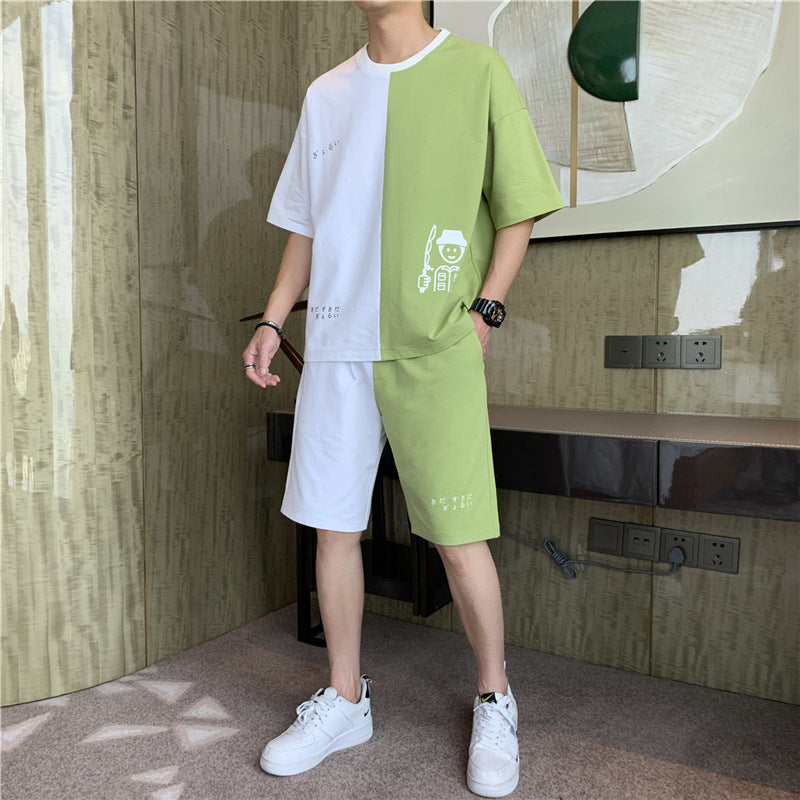 2021 men's summer short-sleeved men's daily sports teen Korean version of T-shirt shorts men's Korean casual set men