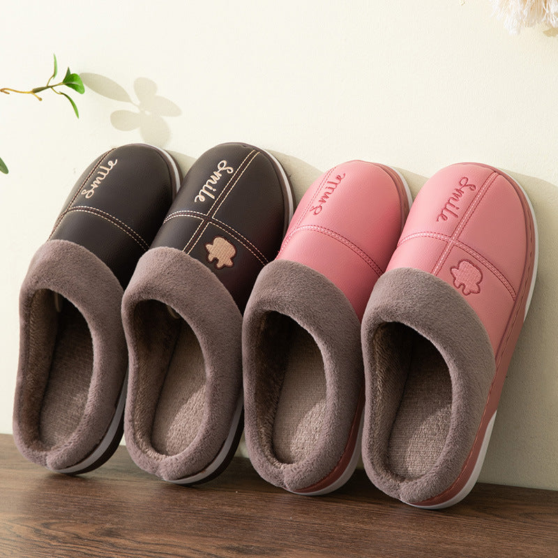 New pu leather waterproof cotton slippers female autumn and winter home large size couple plus velvet thick bottom warm cotton drag men wholesale