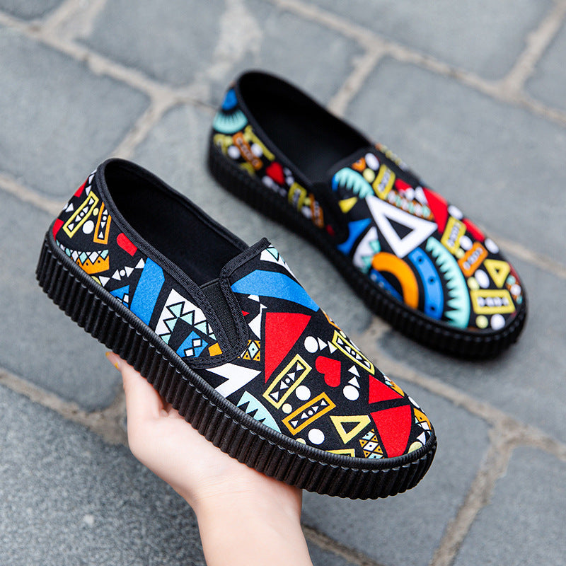 2021 new INS trend women's shoes geometric doodle single shoes cloth shoes graffiti female students a pedal casual shoes