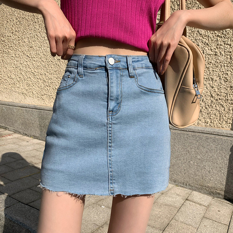 2021 summer new millennium hot girl wind elastic design of a small denim high backpack hip short skirt with lining