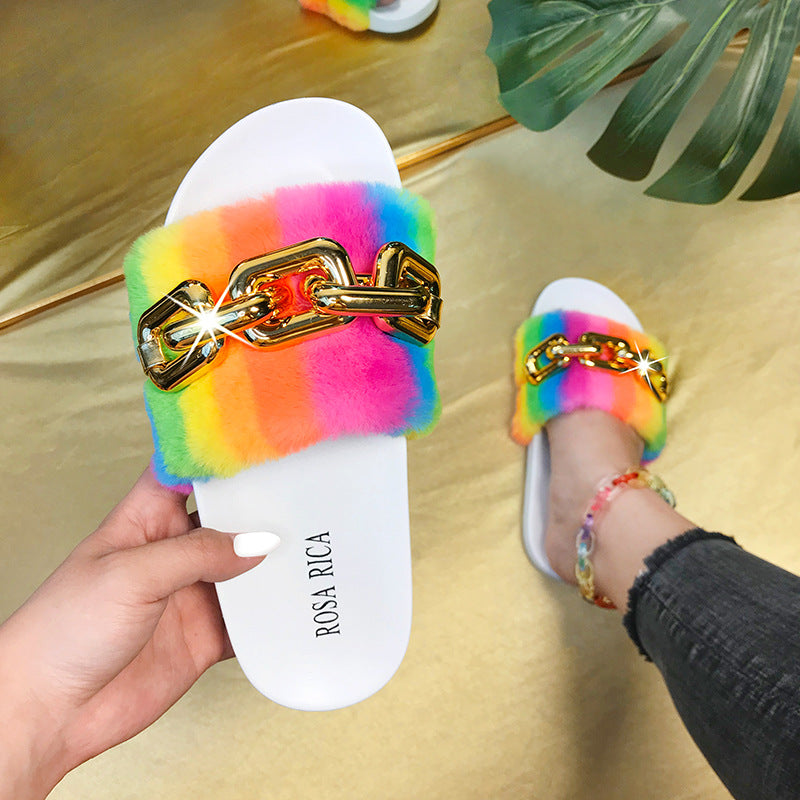 2021 Summer European and American new casual fashion rainbow fur chain flat bottom cool slippers female wearing slippers