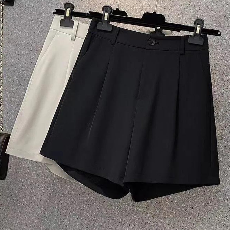 Suit shorts women's summer new fashion simple elastic high waist large size straight chiffon casual shorts