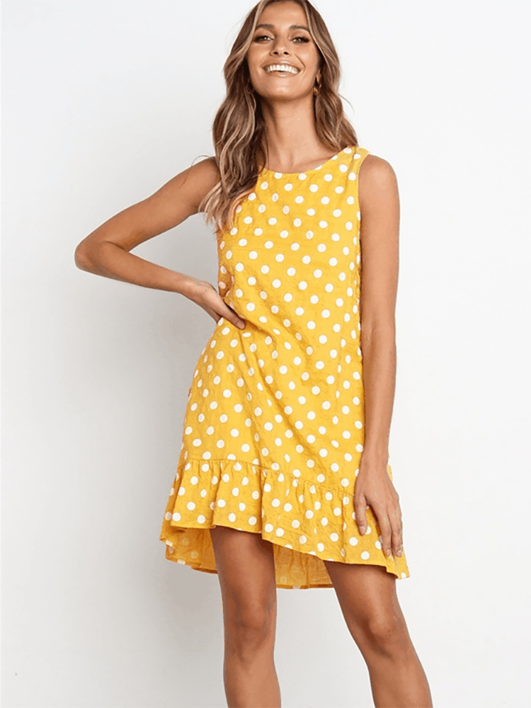 Women Polka Dot Chiffon Sleeveless Beach Mini Casual Yellow Sundress