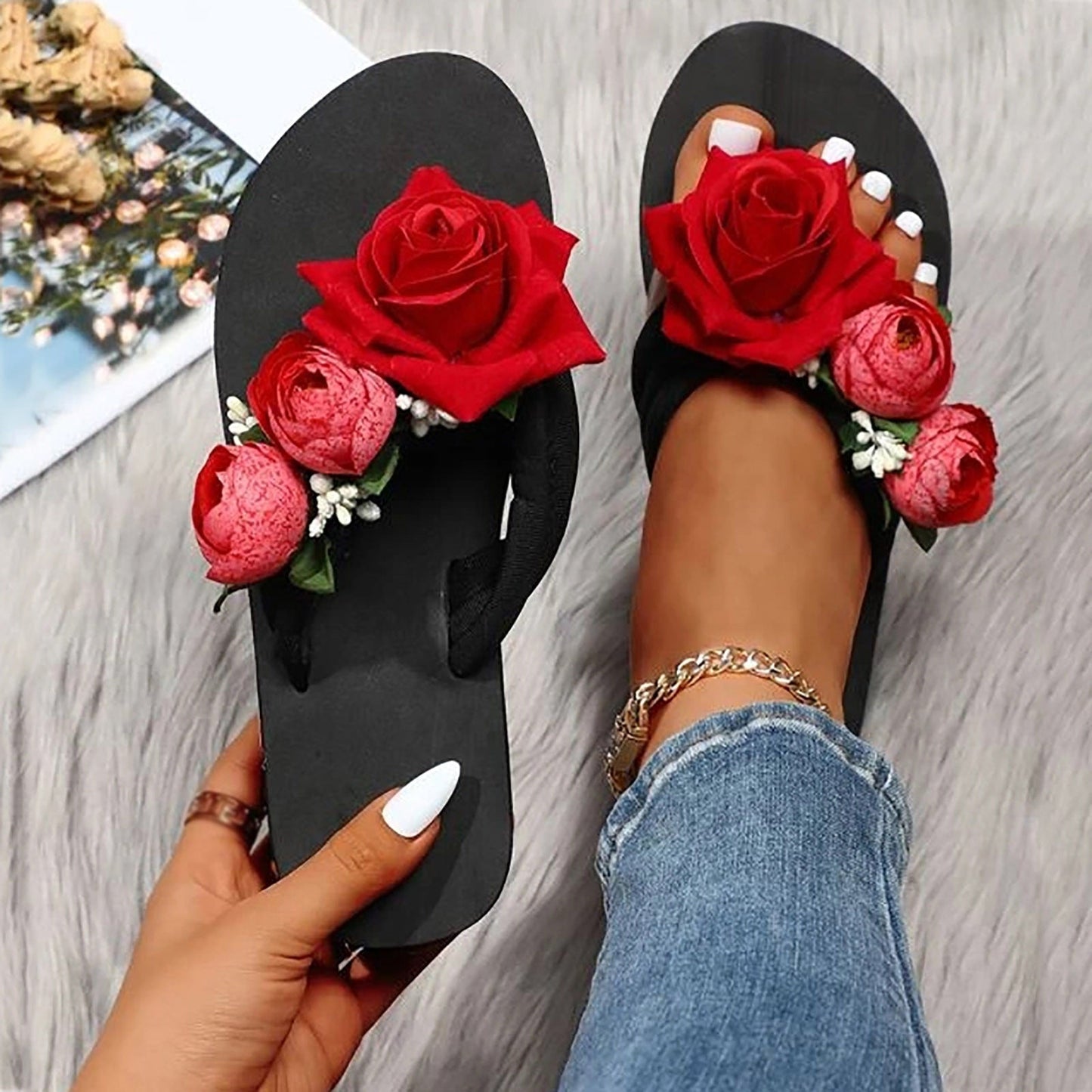 Flip Flops Open Toe Flowers Bohemian