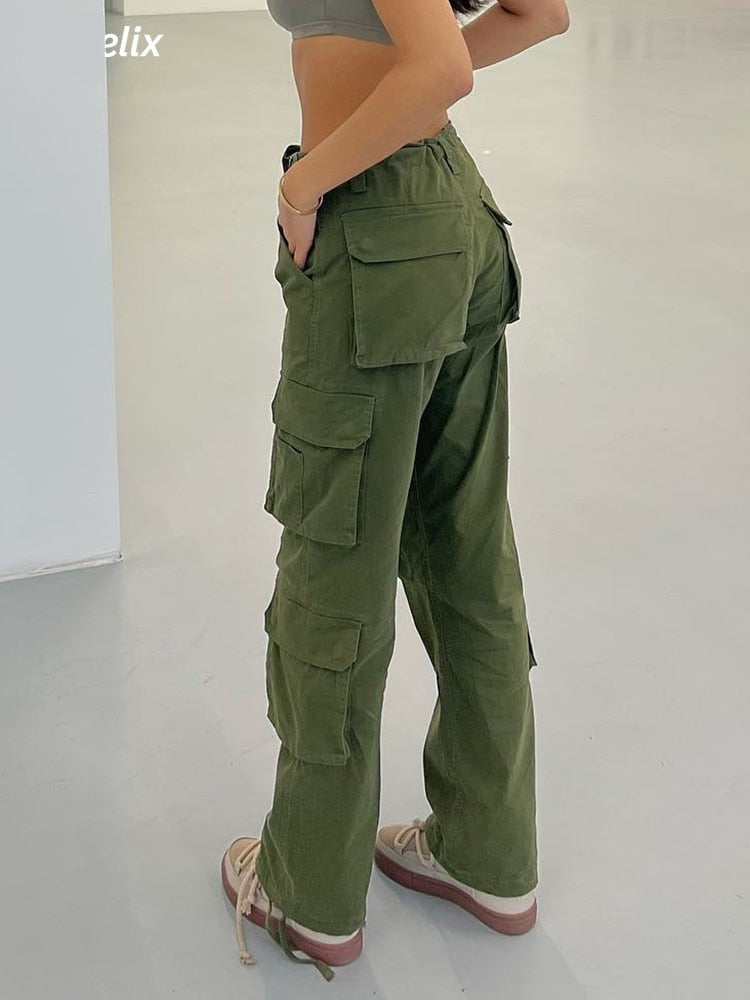 Hnewly Vintage Womens Pocket Cargo Jeans High Waist Baggy Straight Leg Comfy Casual Green Denim Female Trousers Fashion Hip Hop Style