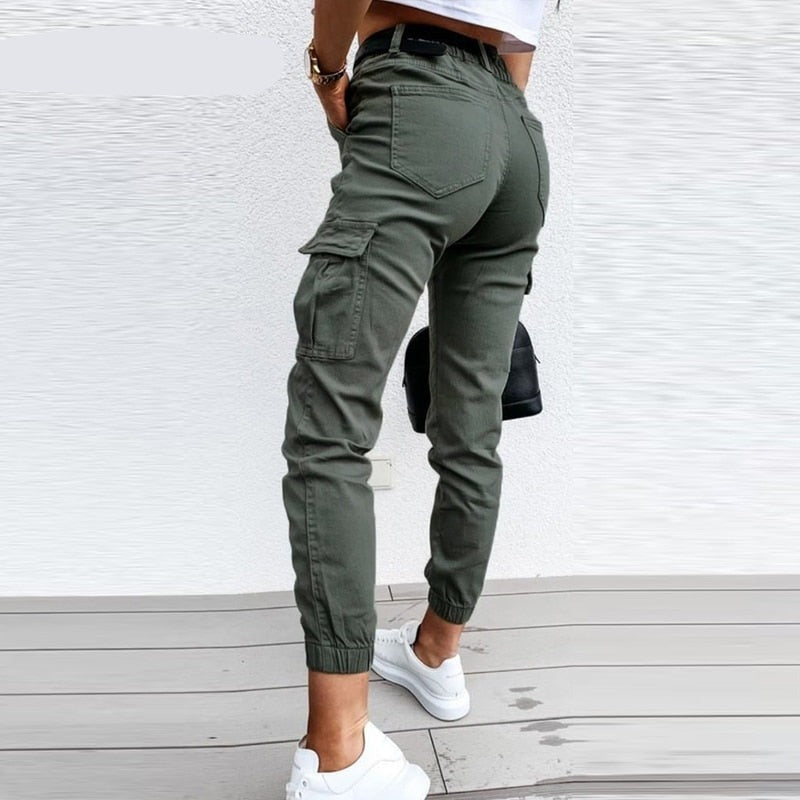 Hnewly Women Casual Solid Multi Pocket Fly Flap Pocket Cargo Ankle-length Pants