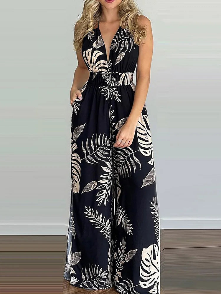 Tropical Print Slim Waist Sexy Backless Slit Leg Jumpsuits Women Summer Rompers