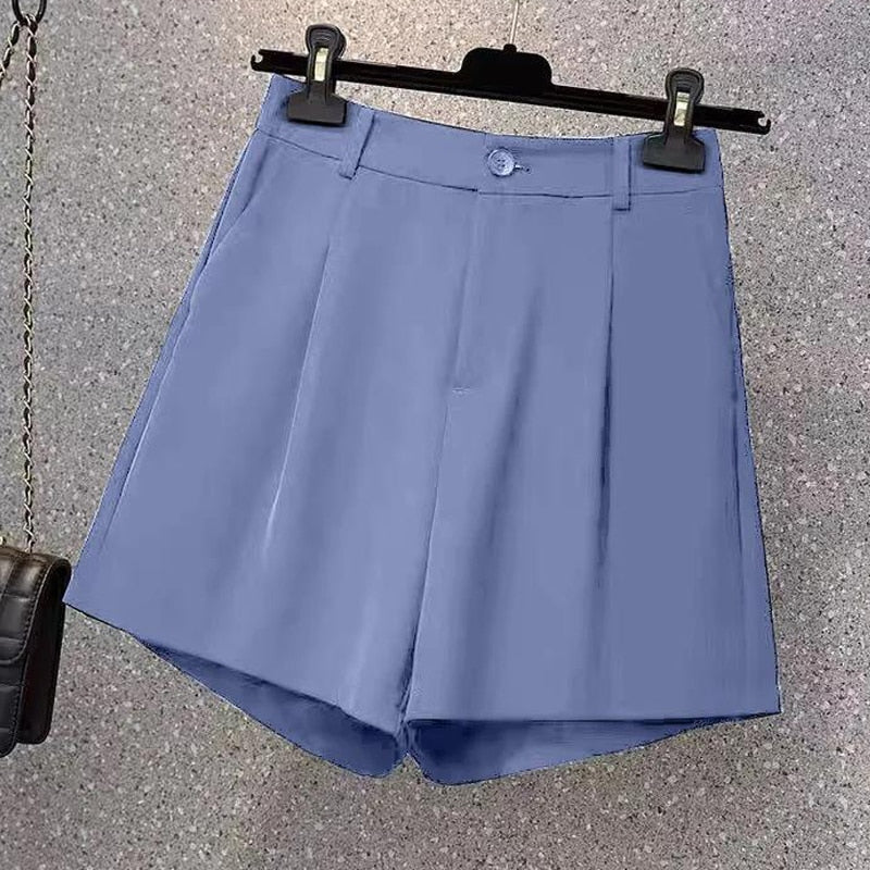 Suit shorts women's summer new fashion simple elastic high waist large size straight chiffon casual shorts