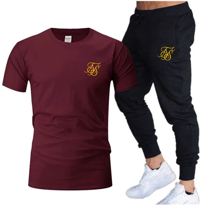 Summer Fashion Leisure SikSilk brand Men's Set Tracksuit Sportswear Track Suits Male Sweatsuit Short Sleeves T shirt 2 piece set