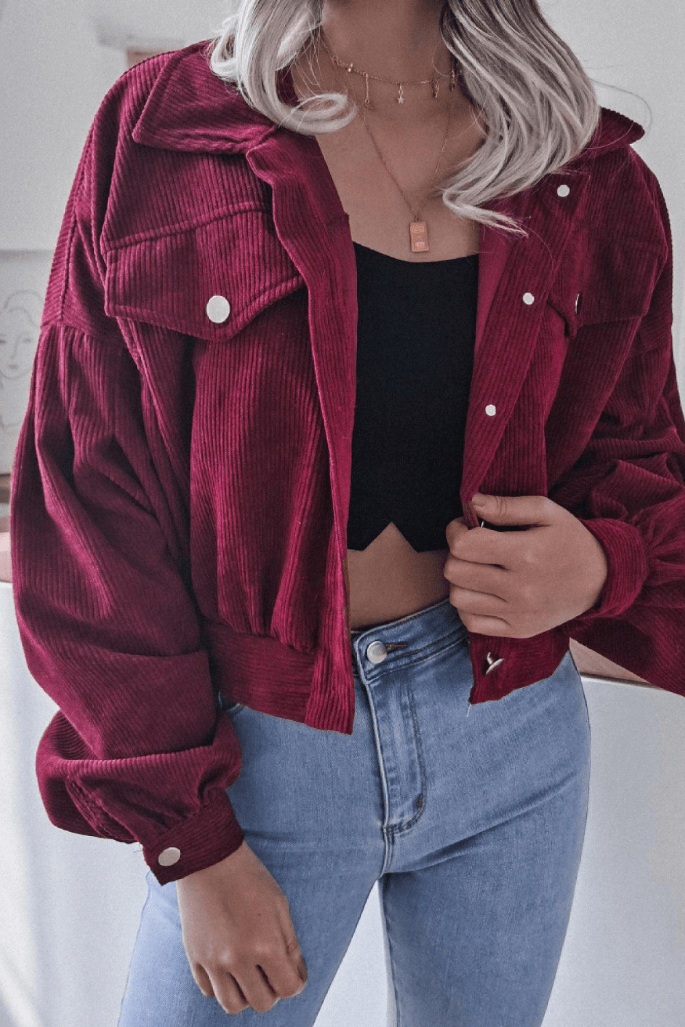 Lantern Sleeve Cropped Corduroy Jacket For Women