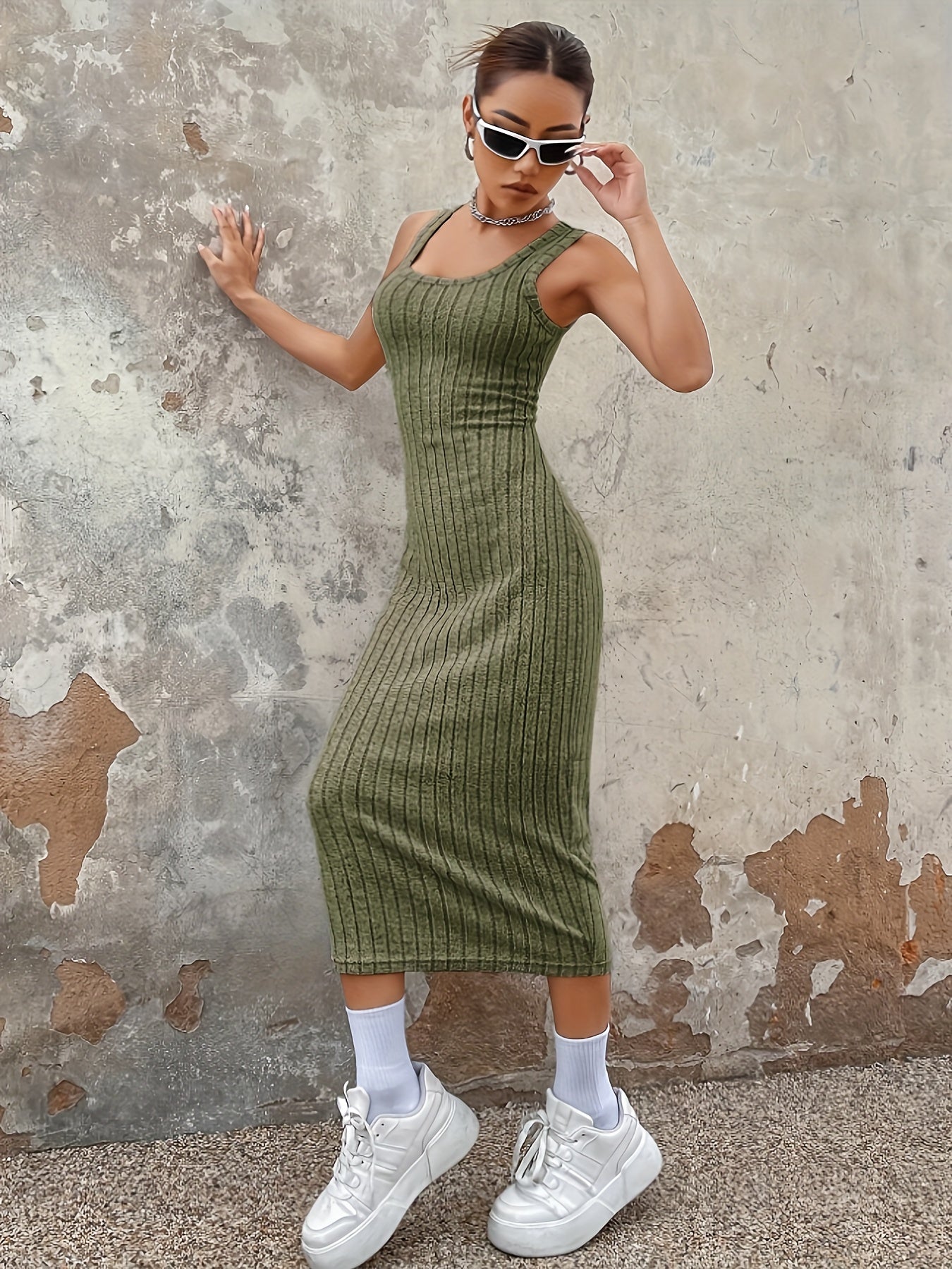 Bodycon Ribbed Knit Tank Dress, Casual Scoop Neck Sleeveless Ankle Length Dress, Women's Clothing