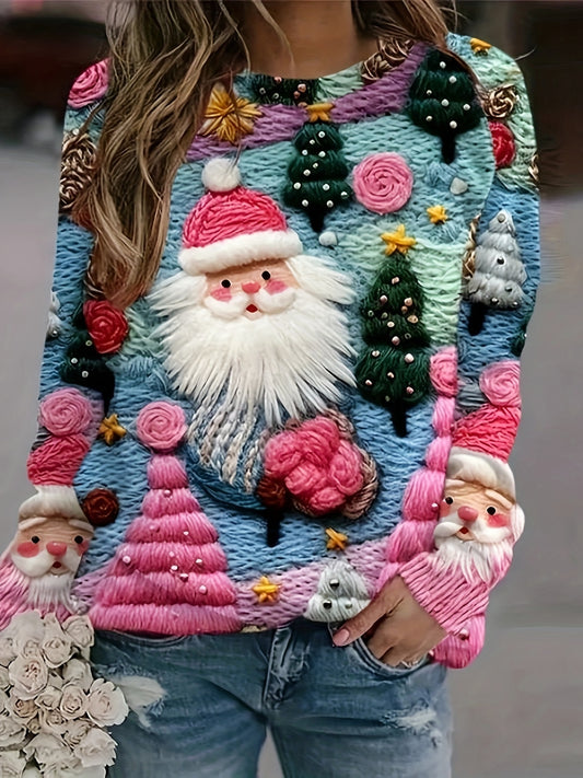 Christmas Tree & Santa Pattern T-Shirt, Casual Crew Neck Long Sleeve Top, Women's Clothing