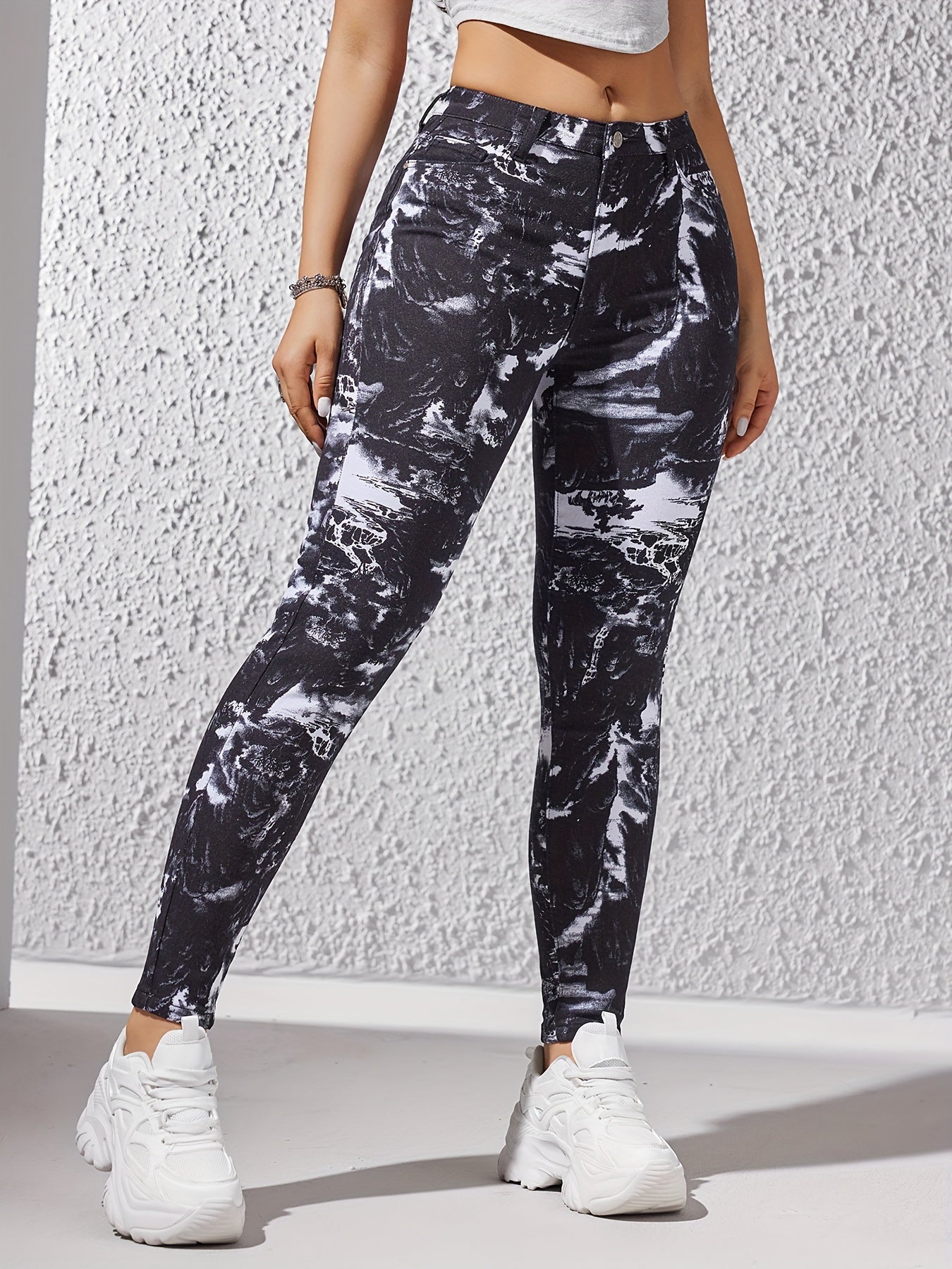 All Over Print Casual Skinny Jeans, Slant Pockets Slim Fit Stretchy Tight Jeans, Women's Denim Jeans & Clothing