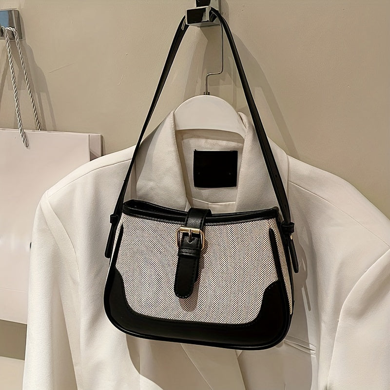 Color Contrast Crossbody Bag, Trendy Buckle Shoulder Purse, Women PU Leather Stitching Handbag