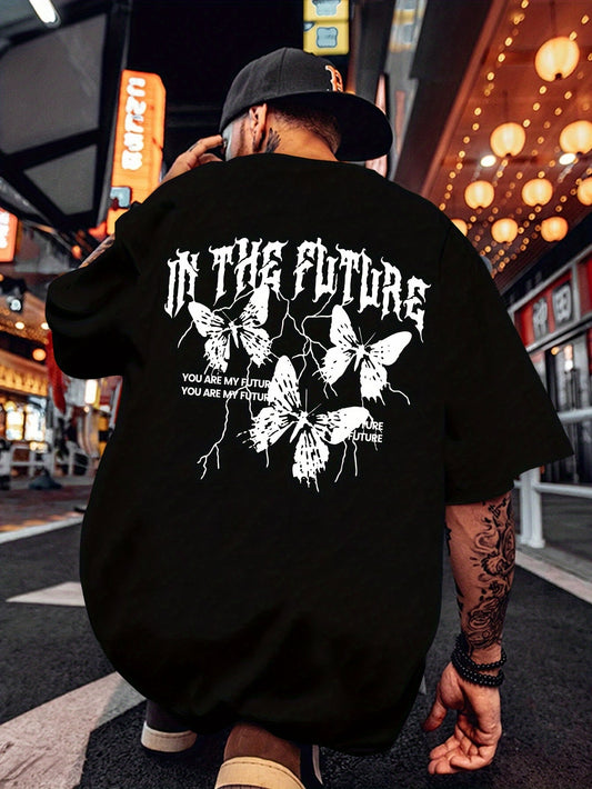 Butterfly Print, Men's Graphic Design Crew Neck Active T-shirt, Casual Comfy Tees Tshirts For Summer, Men's Clothing Tops For Daily Gym Workout Running