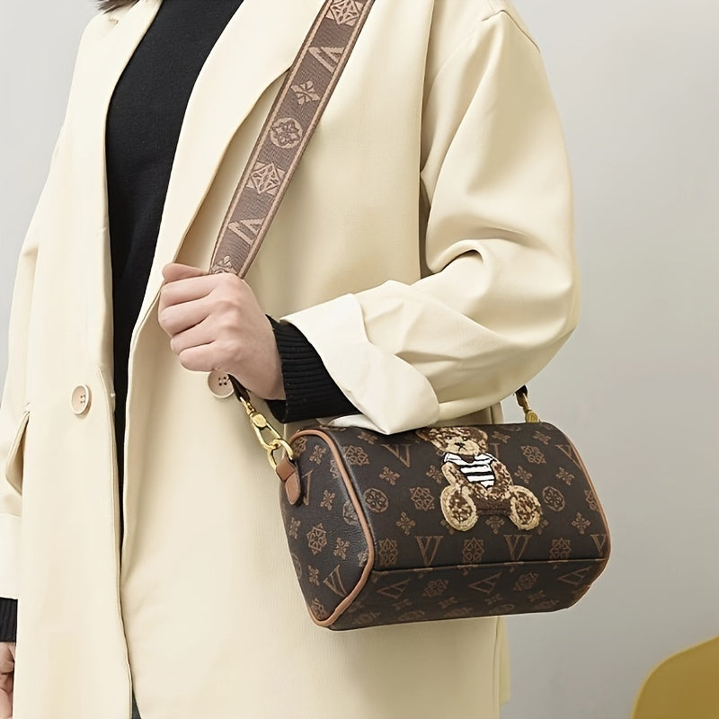 Cute Little Bear Crossbody Bag, Retro Printed Shoulder Bag, Women's Mini Zipper Purse For Every Day
