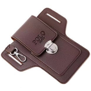 Brown leather wallet with silver zipper and buckle on a white background