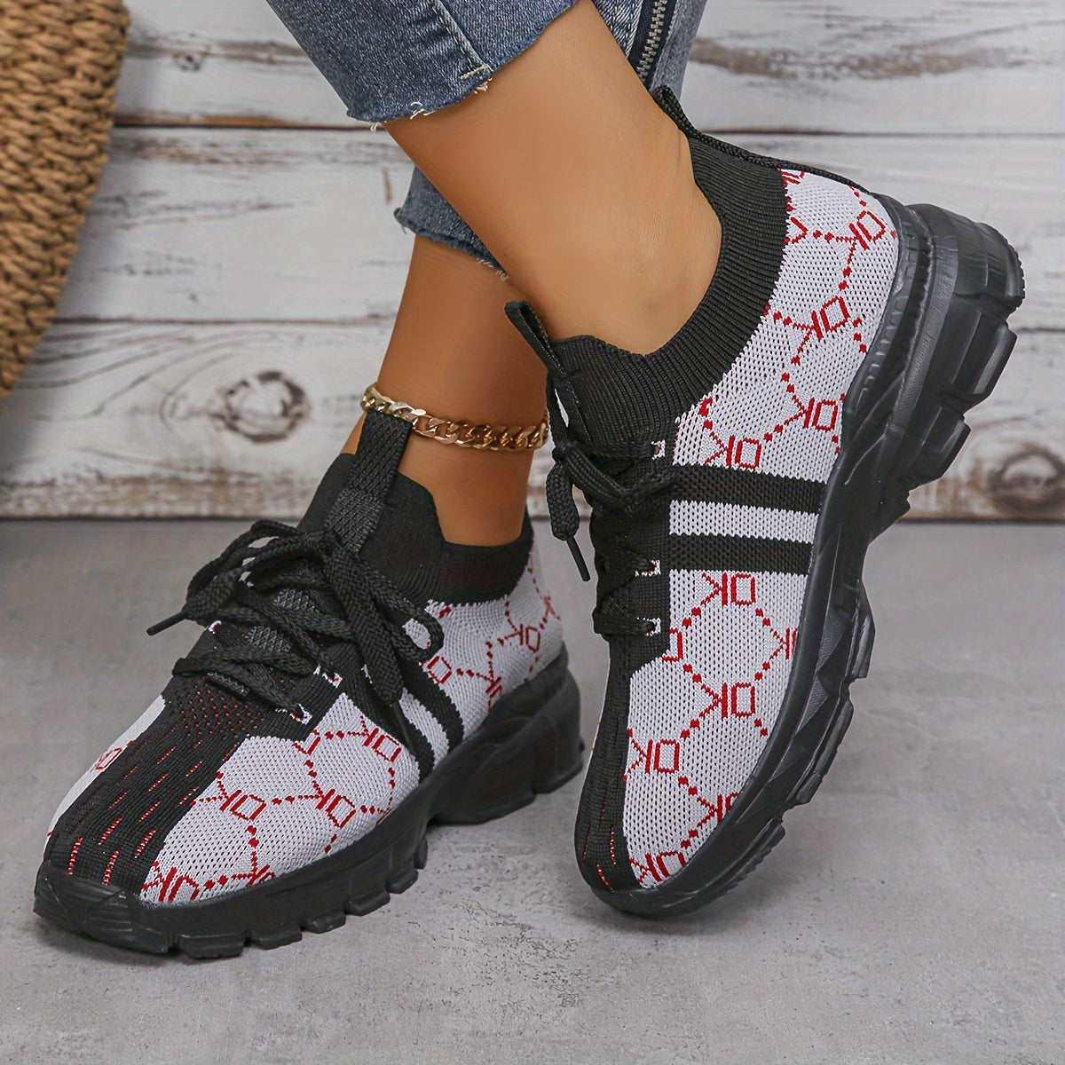 Women's Geometric Pattern Platform Sneakers, Breathable Knit Lace Up Outdoor Shoes, Comfortable Low Top Sport Shoes