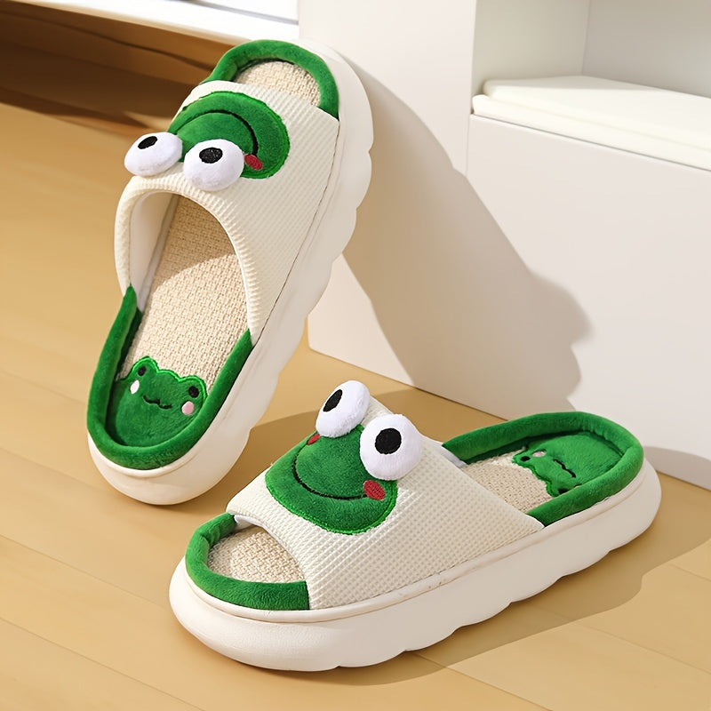 Cute Cartoon Frog Linen Slippers, Breathable Soft Sole Open Toe Platform Shoes, Comfy Indoor Slippers