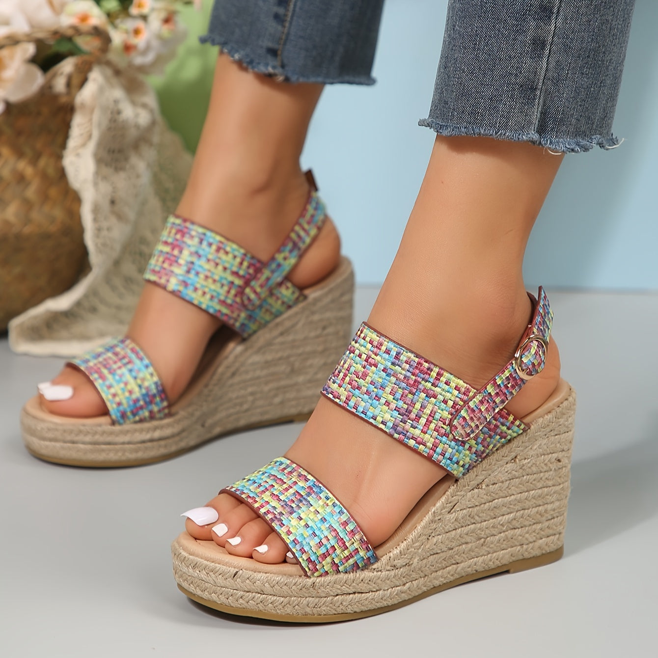 Women's Colorful Plaid Woven Sandals, Ankle Buckle Strap Platform Summer Shoes, Slingback Walking Vacation Shoes