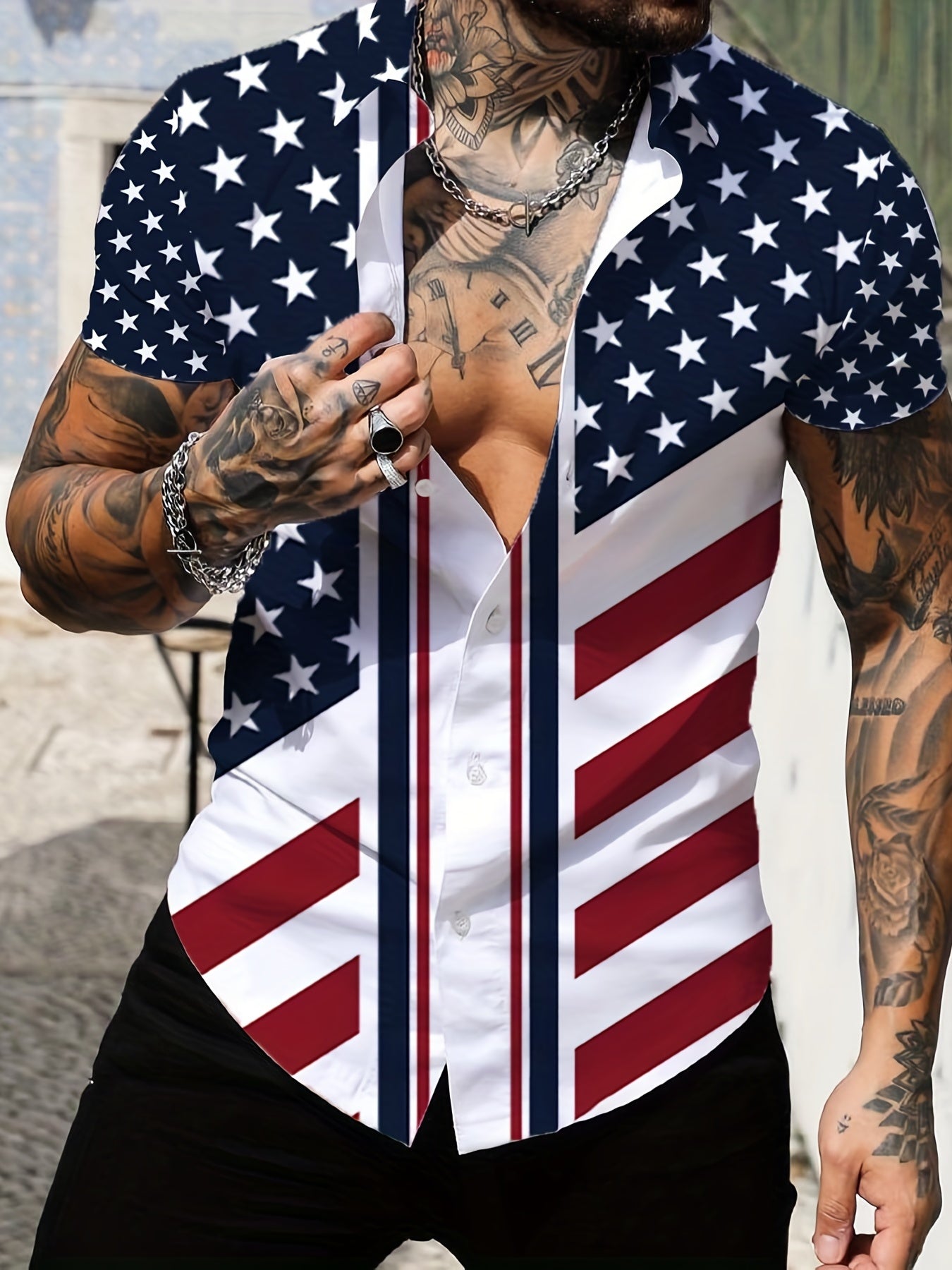 Stylish Independence Day Flag Pattern Print Men's Casual Short Sleeve Shirt For Summer, Men's Outfits