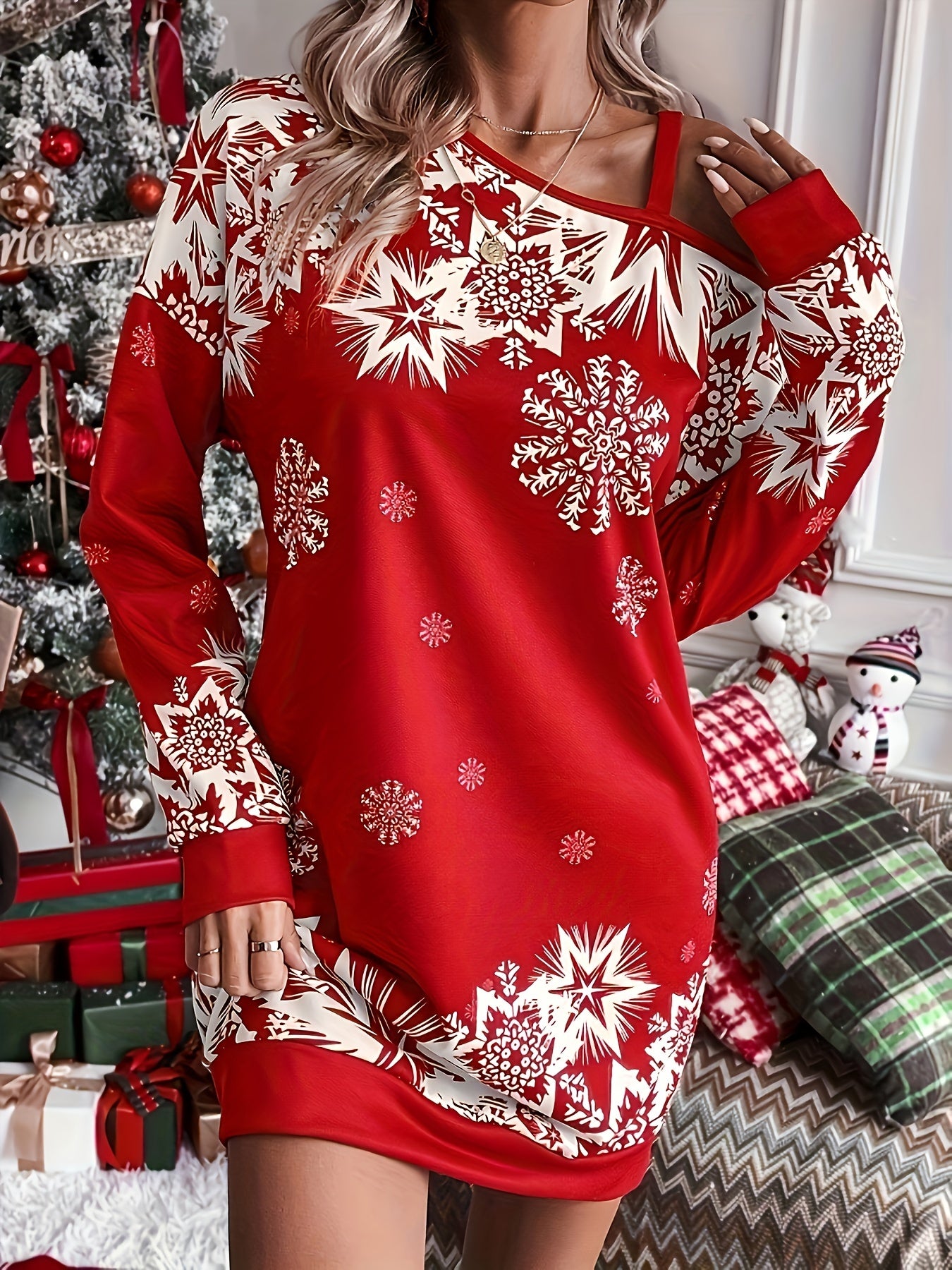 Christmas Snowflake Print Cold Shoulder Dress, Casual Long Sleeve Dress For Spring & Fall, Women's Clothing