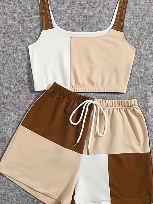 Color Block Casual Two-piece Set, Sleeveless Crop Tank Top & Elastic Waist Shorts Outfits, Women's Clothing