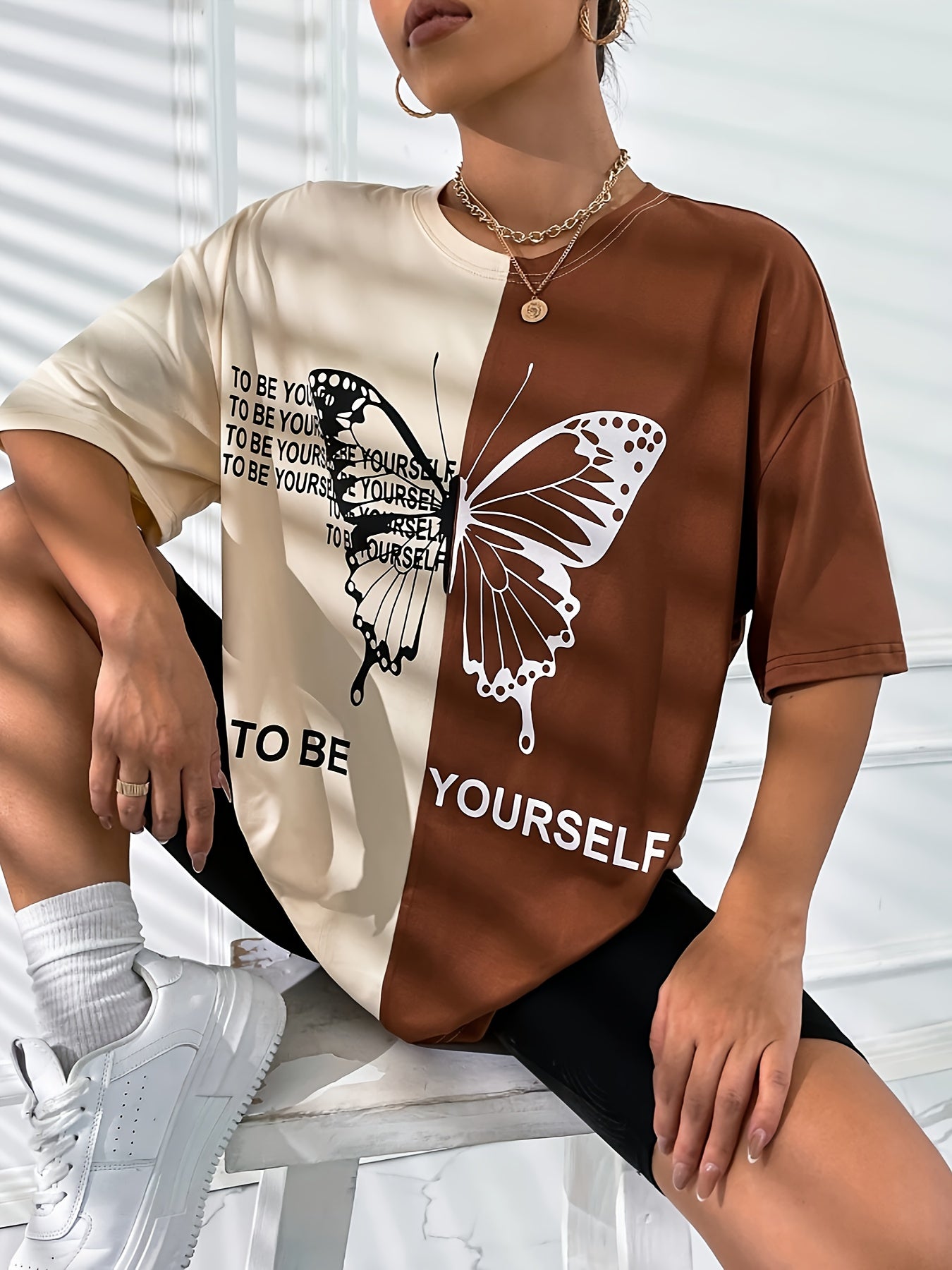 Butterfly & Letter Print Crew Neck T-Shirt, Casual Short Sleeve T-Shirt For Spring & Summer, Women's Clothing