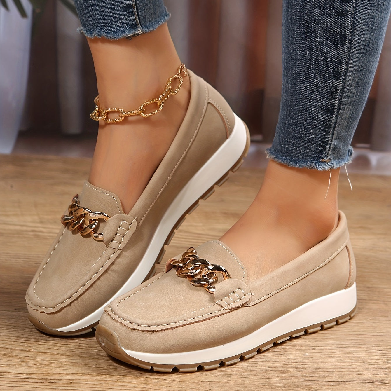 Women's Chain Decor Loafers, Casual Slip On Flat Shoes, Women's Comfortable Low Top Shoes