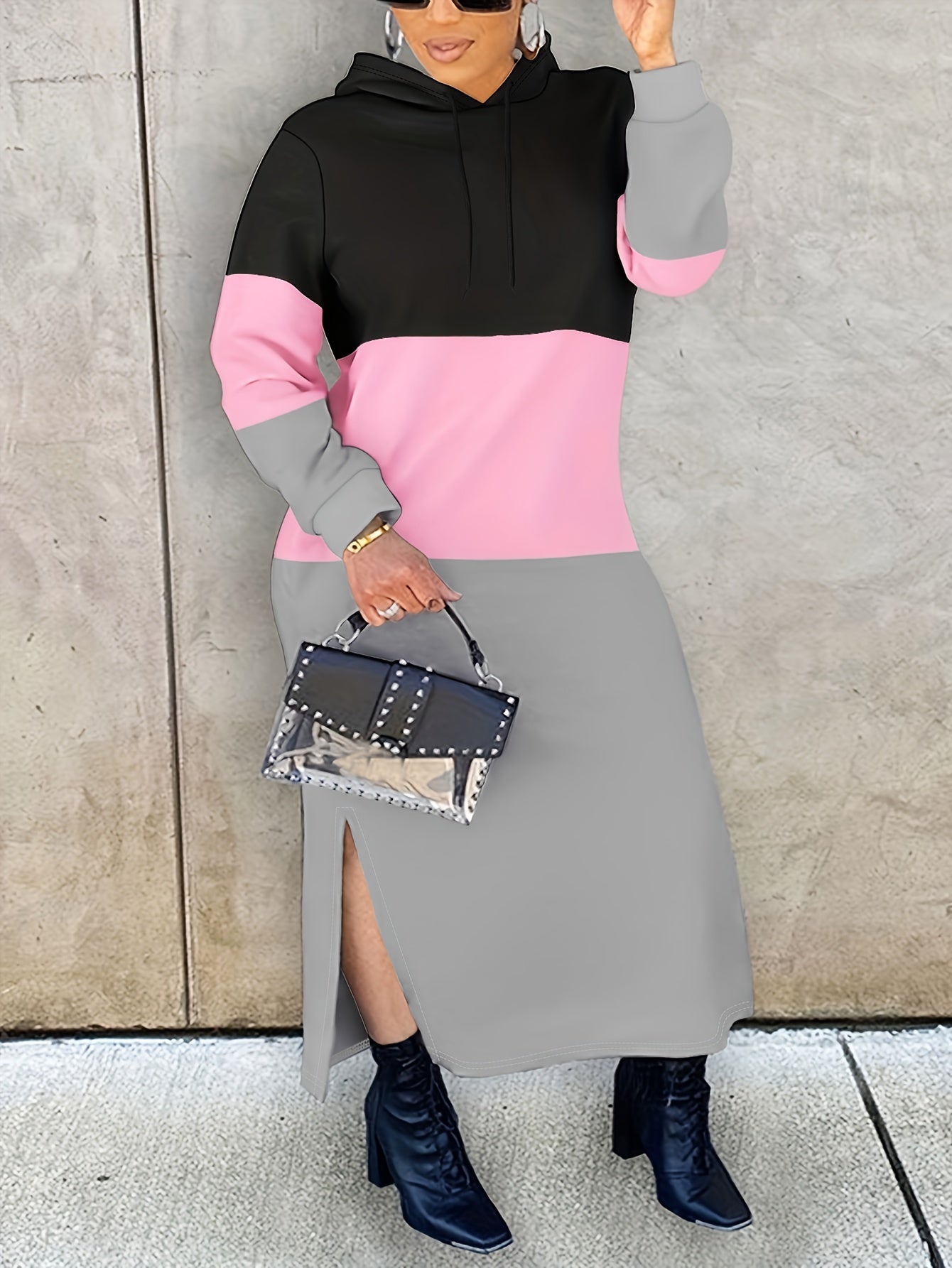 Plus Size Casual Dress, Women's Plus Colorblock Long Sleeve Split Hem Hooded Maxi Sweatshirt Dress